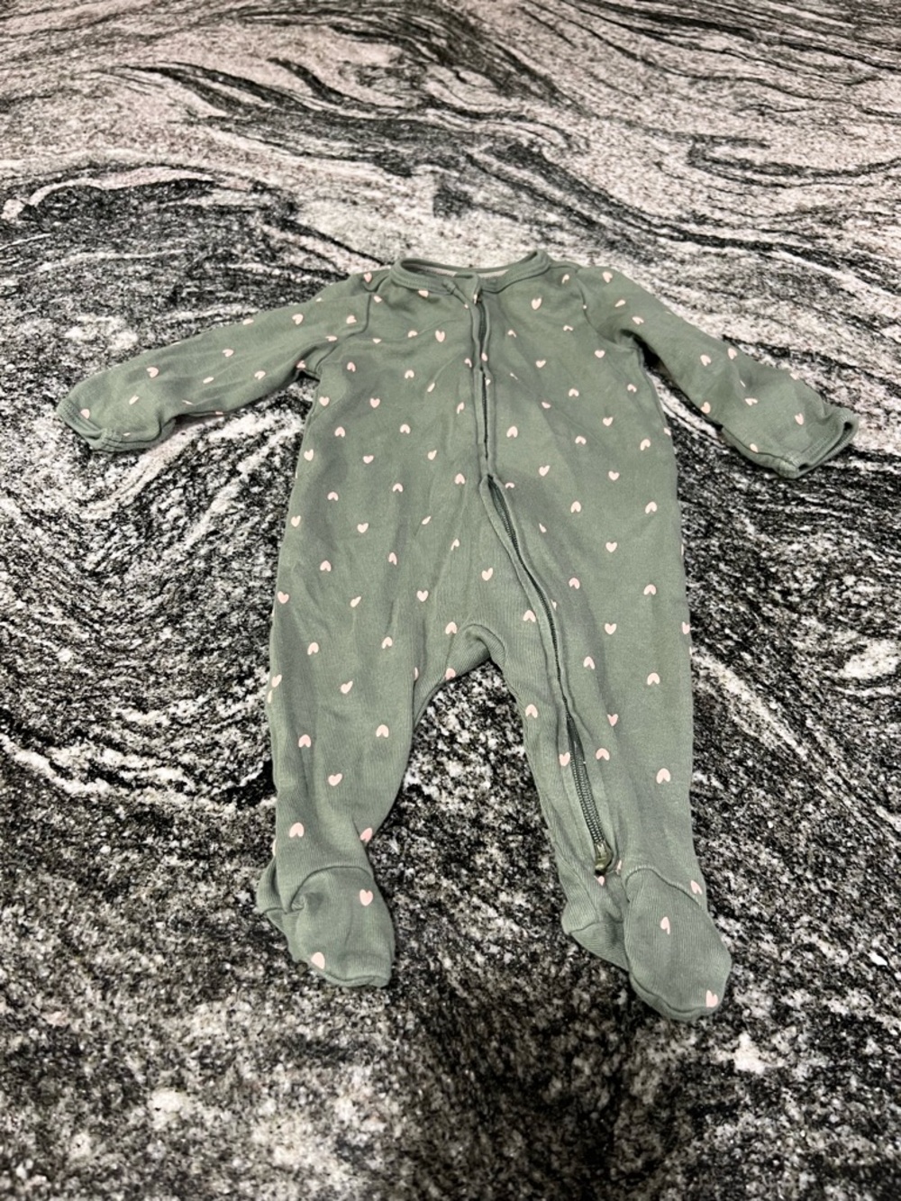 cloud island Green Footed One-Piece with Pink Heart Print